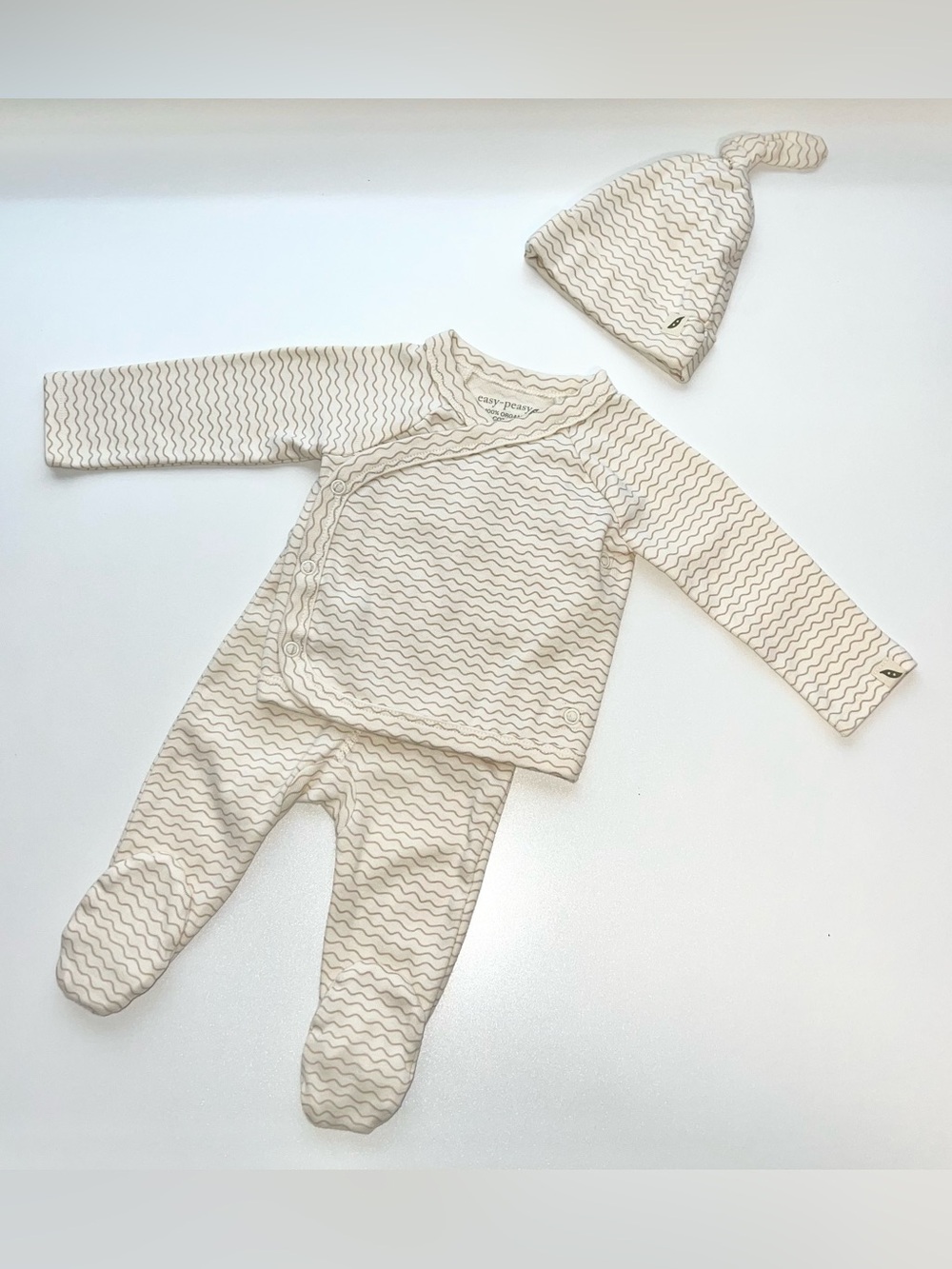 Easy-Peasy Organic Cotton 3-Piece Set Wavy Printed Cream Tan Size 3 Months NWOT